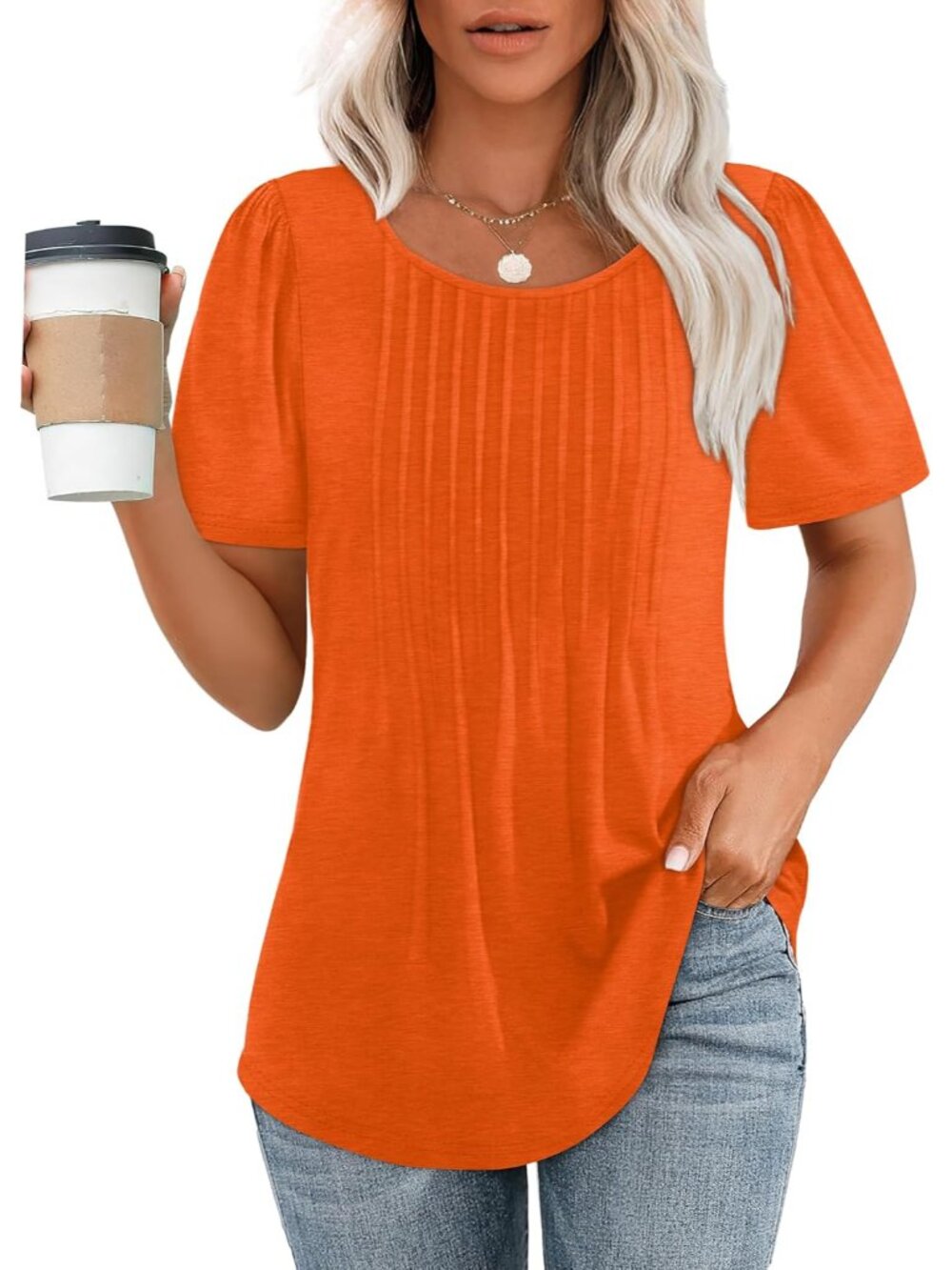 Womens T Shirts Short Sleeve Pleated Dressy Casual Scooped Neck Summer Tops Blou